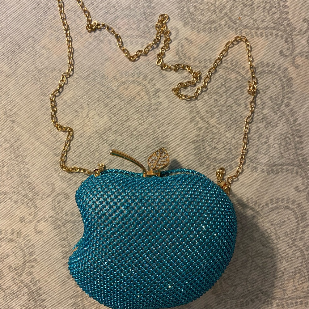 Blue Crystal Apple Clutch with Gold Chain